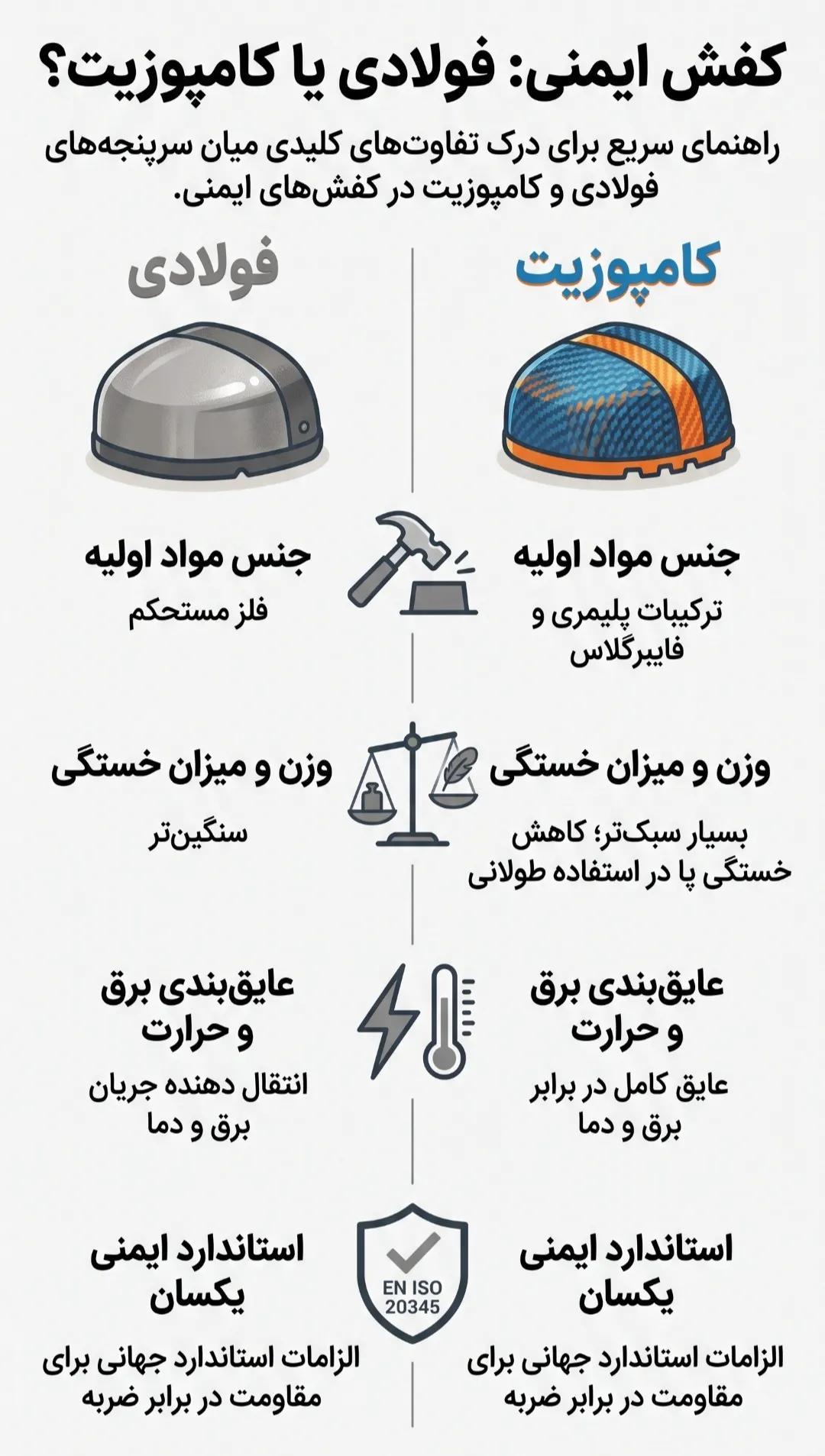 کفش ایمنی پنجه فولادی بهتر است یا کامپوزیت؟ + (جدول مقایسه) 2 کفش ایمنی پنجه فولادی